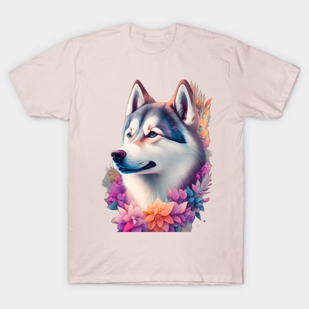 HUSKY DOG ROUNDED BY FLOWERS T-Shirt by ALTAIR